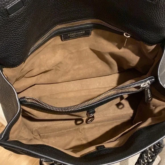 ROBERTO CAVALLI Black Leather Regina Satchel Tote